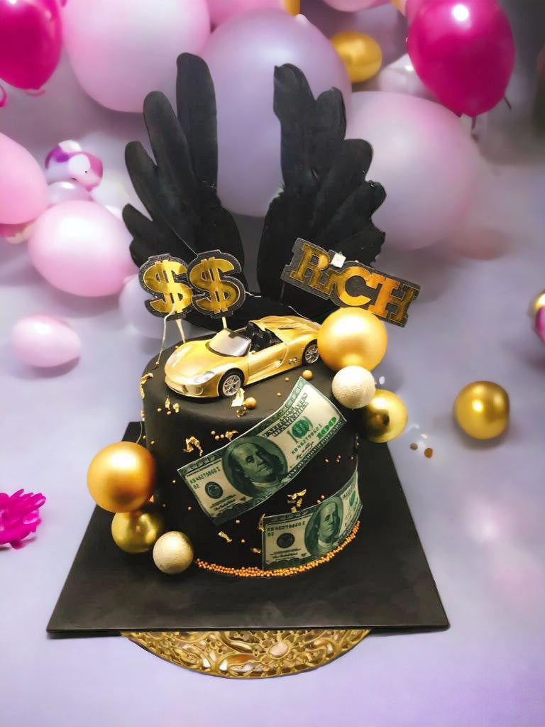 The Gold Super Car- Ferrari With Black Angel Cake